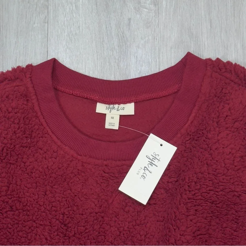 Women's Sherpa Fleece Sweater 1X NWT Dark Wine Red Plush Cozy Warm Pullover
